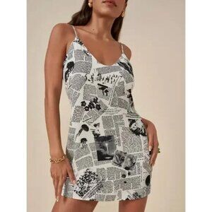 Reformation Black White Ventura Newsprint Newspaper Mini Dress Size Large